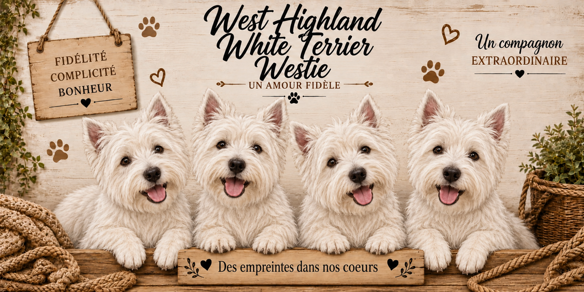 Illustration aquarelle Westie : quatre petits chiens au poil blanc dur et ébouriffé, petites oreilles pointues dressées, yeux et truffe noirs, alignés derrière une planche de bois gravée Des empreintes dans nos coeurs, une pancarte suspendue à une corde portant Fidélité Complicité Bonheur, le nom de la race en cursive noire, des empreintes et des coeurs bruns, un plaid tressé, un panier d'osier et du feuillage sur fond de bois clair