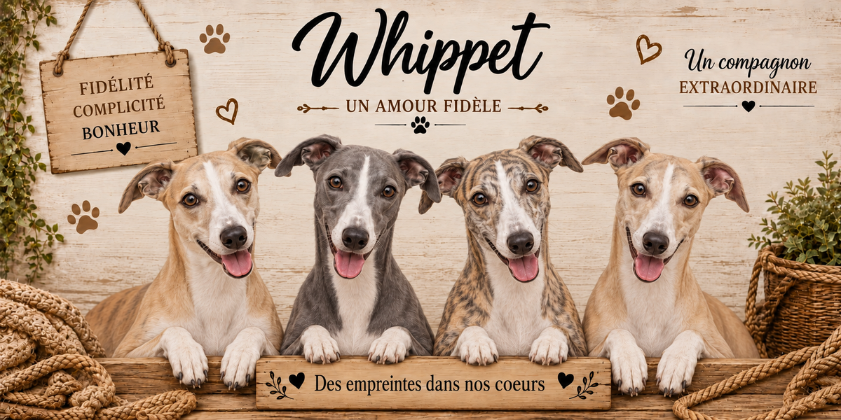 Illustration aquarelle Whippet : quatre lévriers à robes fauve, bringée et bleue, museaux fins, oreilles en rose repliées et poitrail profond, alignés derrière une planche de bois gravée Des empreintes dans nos coeurs, une pancarte suspendue à une corde portant Fidélité Complicité Bonheur, le nom de la race en cursive noire, des empreintes et des coeurs bruns, un plaid tressé et du feuillage sur fond de bois clair