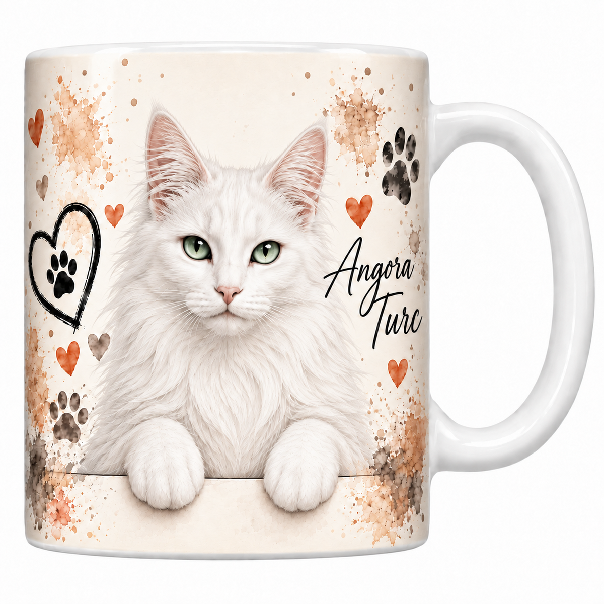 Mug blanc céramique imprimé d'un angora turc au long poil blanc soyeux et aux yeux verts en buste sur fond crème éclaboussé d'aquarelle, coeur au trait, empreintes de pattes et nom de la race en cursive noire