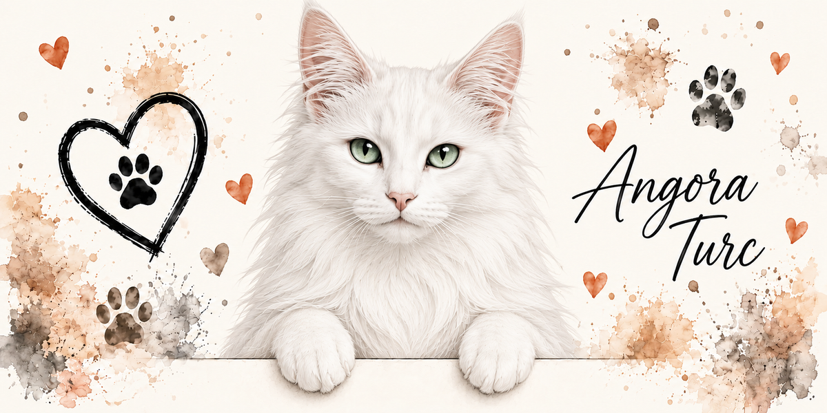 Illustration d'un angora turc au long poil blanc soyeux, aux oreilles hautes frangées et aux yeux verts en buste, accoudé à une bordure claire sur fond crème éclaboussé d'aquarelle beige et orangée, un coeur tracé au trait noir renfermant une empreinte, des empreintes de pattes, de petits coeurs orange et le nom de la race en cursive noire à droite
