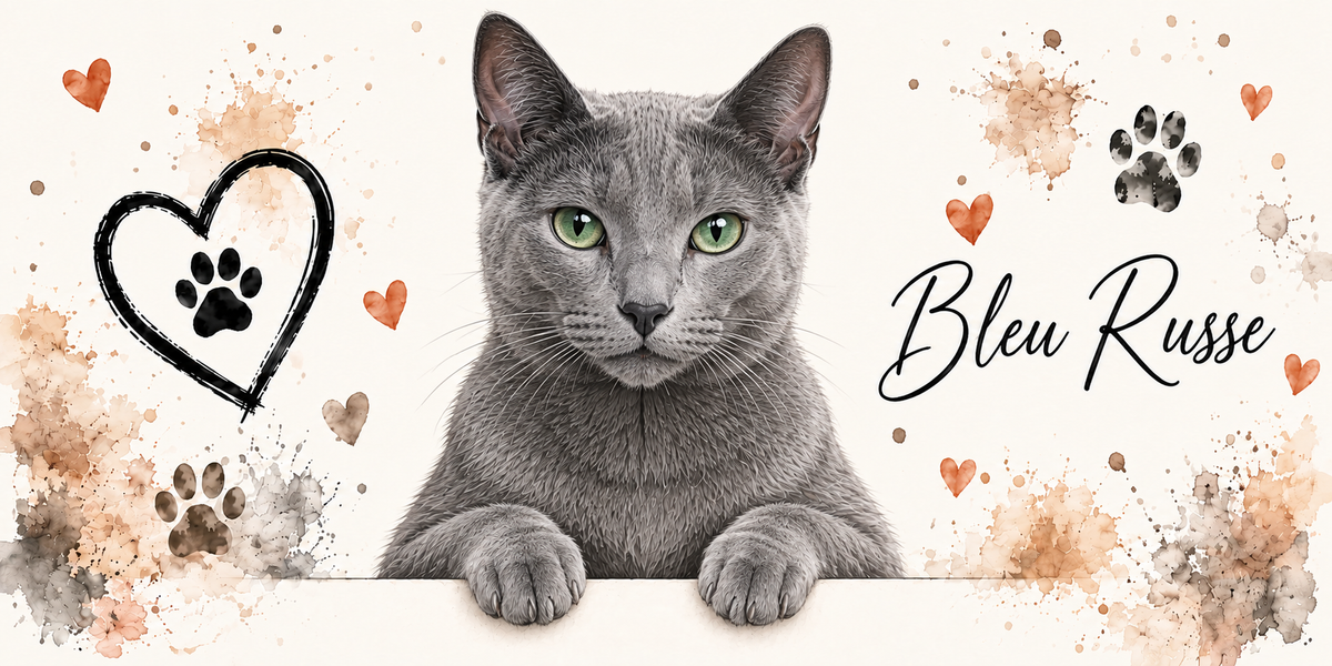 Illustration d'un bleu russe à la fourrure gris-bleu dense, au museau fin et aux yeux vert intense en buste, accoudé à une bordure claire sur fond crème éclaboussé d'aquarelle beige et orangée, un coeur tracé au trait noir renfermant une empreinte, des empreintes de pattes, de petits coeurs orange et le nom de la race en cursive noire à droite