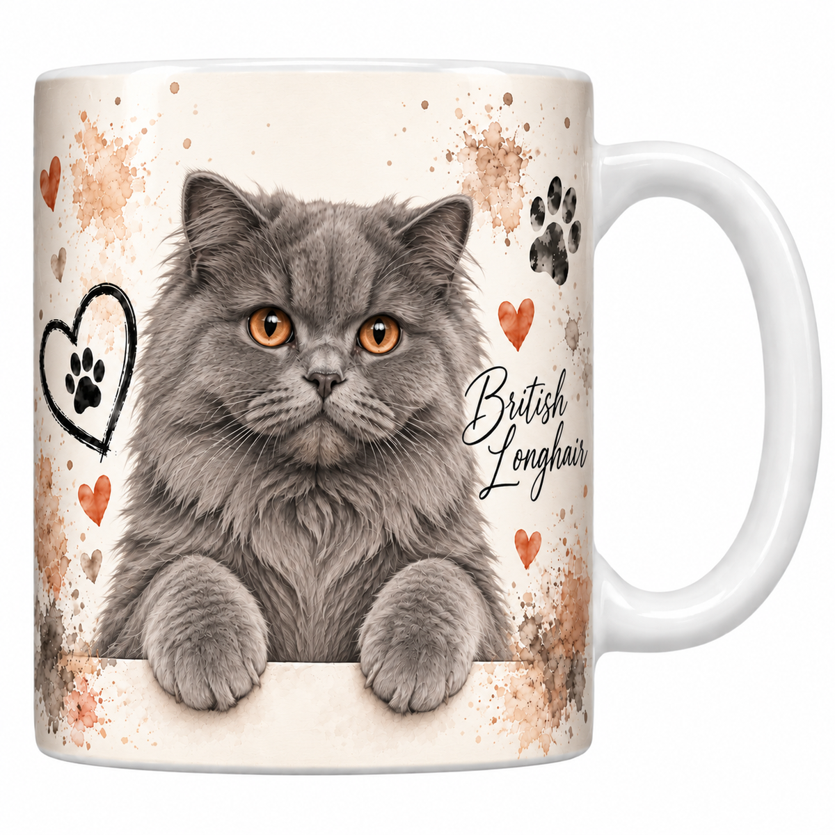Mug blanc céramique imprimé d'un british longhair à la fourrure gris-bleu épaisse et aux grands yeux cuivrés en buste sur fond crème éclaboussé d'aquarelle, coeur au trait, empreintes de pattes et nom de la race en cursive noire