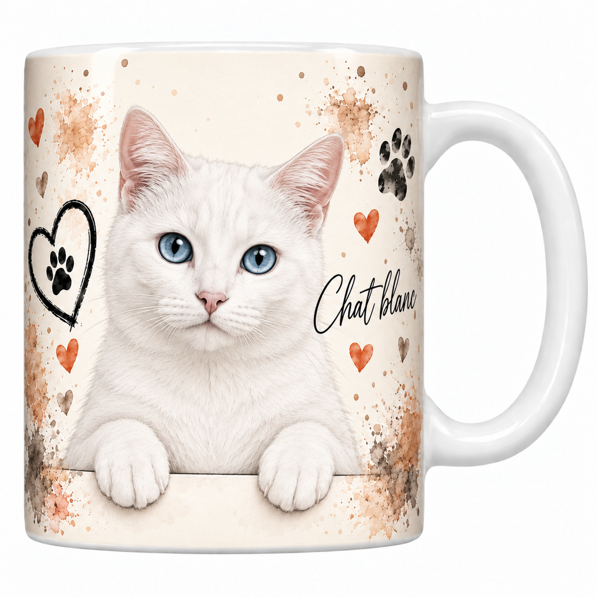 Mug blanc céramique imprimé d'un chat blanc au poil court immaculé et aux yeux bleus en buste sur fond crème éclaboussé d'aquarelle, coeur au trait, empreintes de pattes et nom de la race en cursive noire