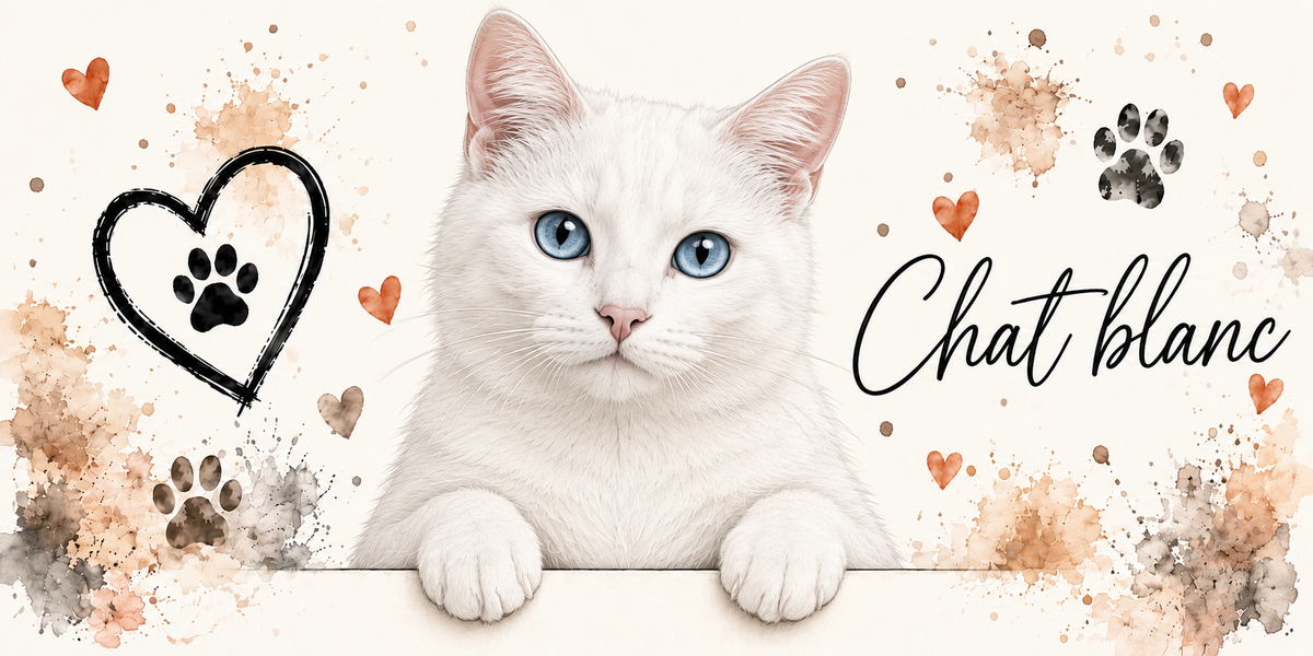 Illustration d'un chat blanc au poil court immaculé, au nez rosé et aux yeux bleus en buste, accoudé à une bordure claire sur fond crème éclaboussé d'aquarelle beige et orangée, un coeur tracé au trait noir renfermant une empreinte, des empreintes de pattes, de petits coeurs orange et le nom de la race en cursive noire à droite