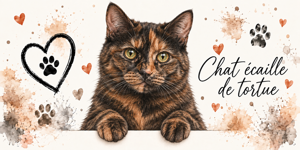 Illustration d'un chat écaille de tortue aux plages noires et rousses entremêlées et aux yeux dorés en buste, accoudé à une bordure claire sur fond crème éclaboussé d'aquarelle beige et orangée, un coeur tracé au trait noir renfermant une empreinte, des empreintes de pattes, de petits coeurs orange et le nom en cursive noire à droite