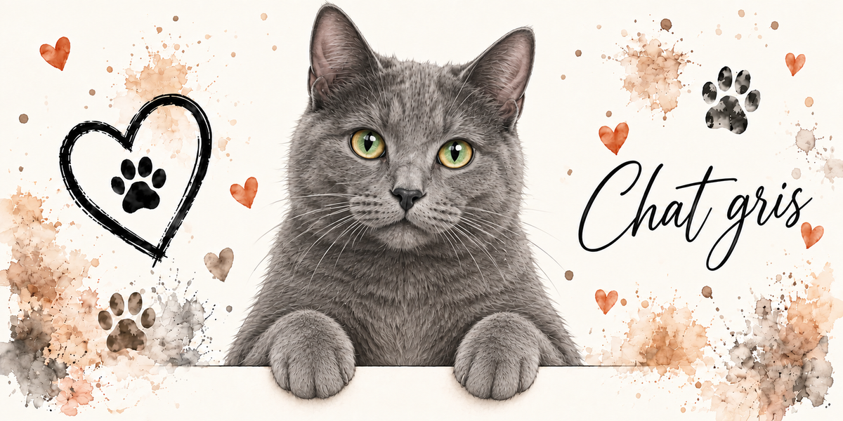 Illustration d'un chat gris au poil court uniforme, au museau fin et aux yeux verts en buste, accoudé à une bordure claire sur fond crème éclaboussé d'aquarelle beige et orangée, un coeur tracé au trait noir renfermant une empreinte, des empreintes de pattes, de petits coeurs orange et le nom en cursive noire à droite