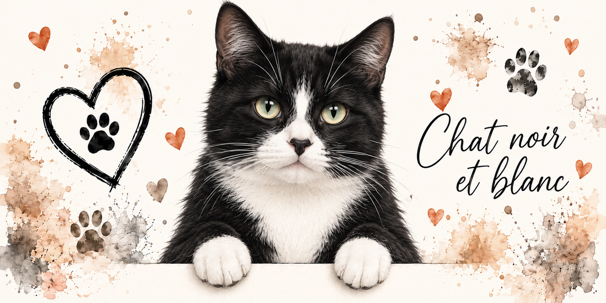 Illustration d'un chat noir et blanc au masque sombre, à la bavette et aux pattes blanches et aux yeux verts en buste, accoudé à une bordure claire sur fond crème éclaboussé d'aquarelle beige et orangée, un coeur tracé au trait noir renfermant une empreinte, des empreintes de pattes, de petits coeurs orange et le nom en cursive noire à droite