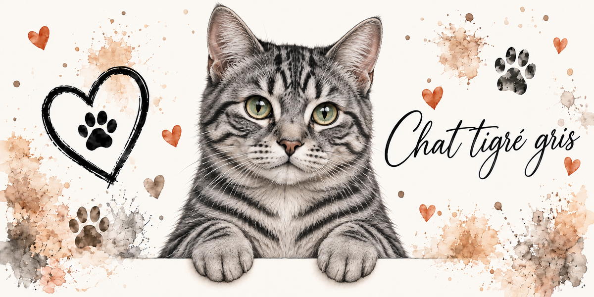 Illustration d'un chat tigré gris aux rayures sombres bien dessinées, au poitrail clair et aux yeux verts en buste, accoudé à une bordure claire sur fond crème éclaboussé d'aquarelle beige et orangée, un coeur tracé au trait noir renfermant une empreinte, des empreintes de pattes, de petits coeurs orange et le nom en cursive noire à droite