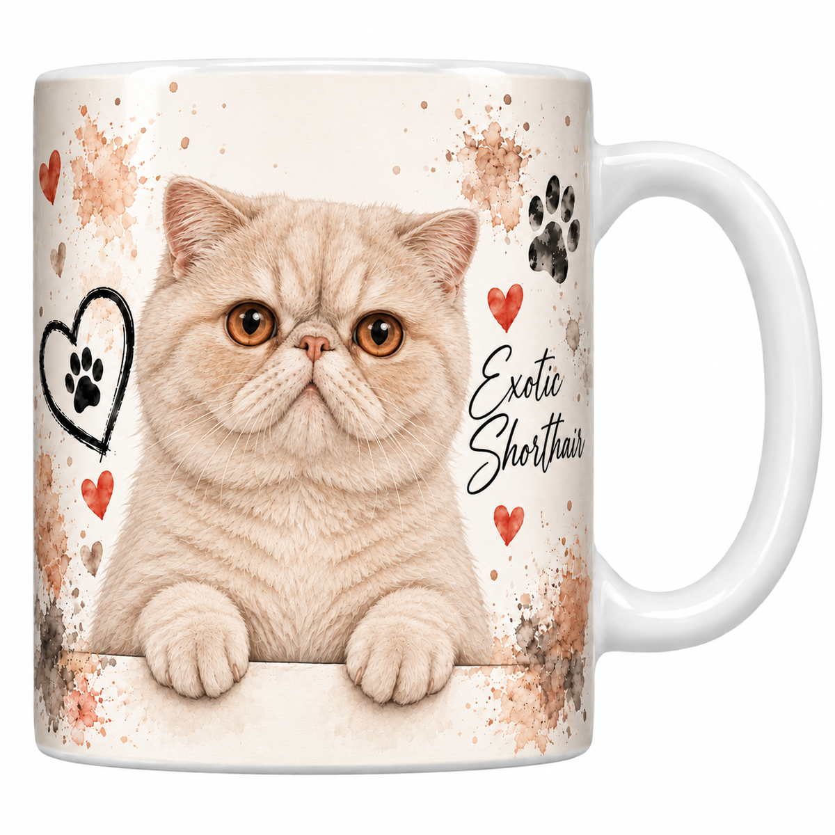 Mug blanc céramique imprimé d'un exotic shorthair crème au poil court et dense et aux grands yeux cuivrés en buste sur fond crème éclaboussé d'aquarelle, coeur au trait, empreintes de pattes et nom en cursive noire