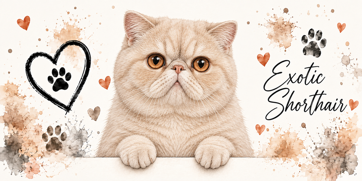 Illustration d'un exotic shorthair crème au poil court et dense, à la face plate et aux grands yeux cuivrés en buste, accoudé à une bordure claire sur fond crème éclaboussé d'aquarelle beige et orangée, un coeur tracé au trait noir renfermant une empreinte, des empreintes de pattes, de petits coeurs orange et le nom en cursive noire à droite