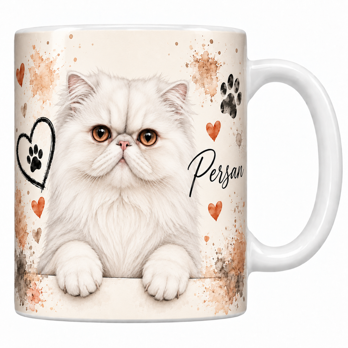Mug blanc céramique imprimé d'un persan blanc au poil long et fourni et aux grands yeux cuivrés en buste sur fond crème éclaboussé d'aquarelle, coeur au trait, empreintes de pattes et nom en cursive noire