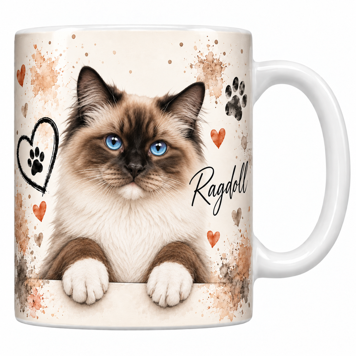 Mug blanc céramique imprimé d'un ragdoll colourpoint au masque brun, au poil mi-long et aux yeux bleus en buste sur fond crème éclaboussé d'aquarelle, coeur au trait, empreintes de pattes et nom en cursive noire