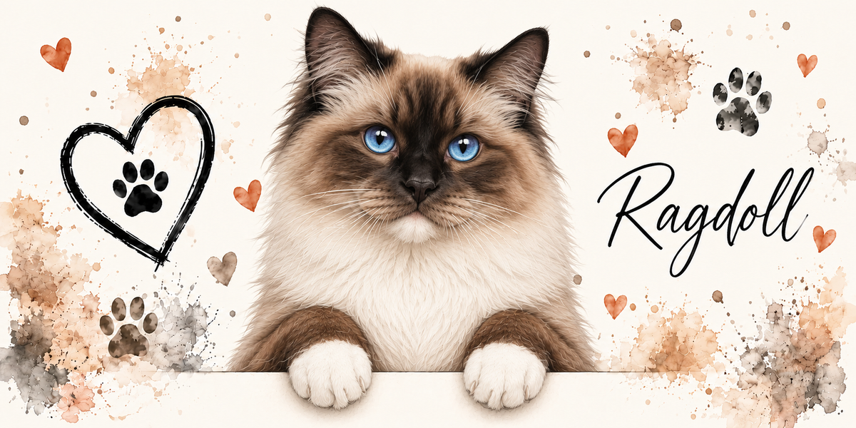 Illustration d'un ragdoll colourpoint au masque brun, au poil mi-long, à la collerette claire et aux yeux bleus en buste, accoudé à une bordure claire sur fond crème éclaboussé d'aquarelle beige et orangée, un coeur tracé au trait noir renfermant une empreinte, des empreintes de pattes, de petits coeurs orange et le nom en cursive noire à droite