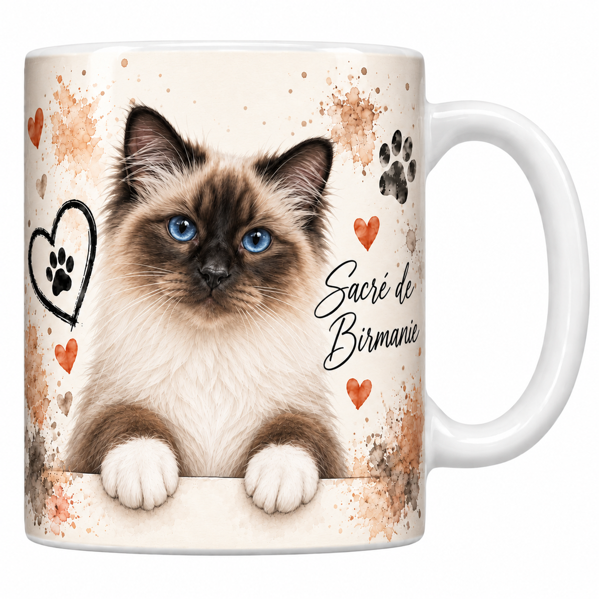 Mug blanc céramique imprimé d'un sacré de Birmanie au poil mi-long crème, au masque brun et aux yeux bleus en buste sur fond crème éclaboussé d'aquarelle, coeur au trait, empreintes de pattes et nom en cursive noire