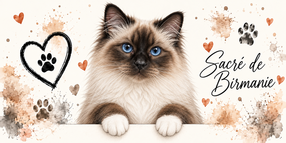 Illustration d'un sacré de Birmanie au poil mi-long crème, au masque et aux oreilles bruns, aux yeux bleus et aux pattes gantées de blanc en buste, accoudé à une bordure claire sur fond crème éclaboussé d'aquarelle beige et orangée, un coeur tracé au trait noir renfermant une empreinte, des empreintes de pattes, de petits coeurs orange et le nom en cursive noire à droite