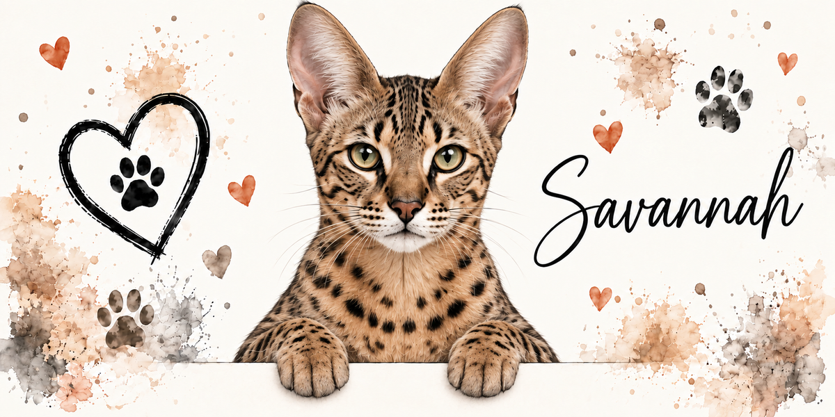 Illustration d'un savannah à la robe fauve tachetée de noir, aux oreilles hautes et arrondies et à la silhouette élancée en buste, accoudé à une bordure claire sur fond crème éclaboussé d'aquarelle beige et orangée, un coeur tracé au trait noir renfermant une empreinte, des empreintes de pattes, de petits coeurs orange et le nom en cursive noire à droite