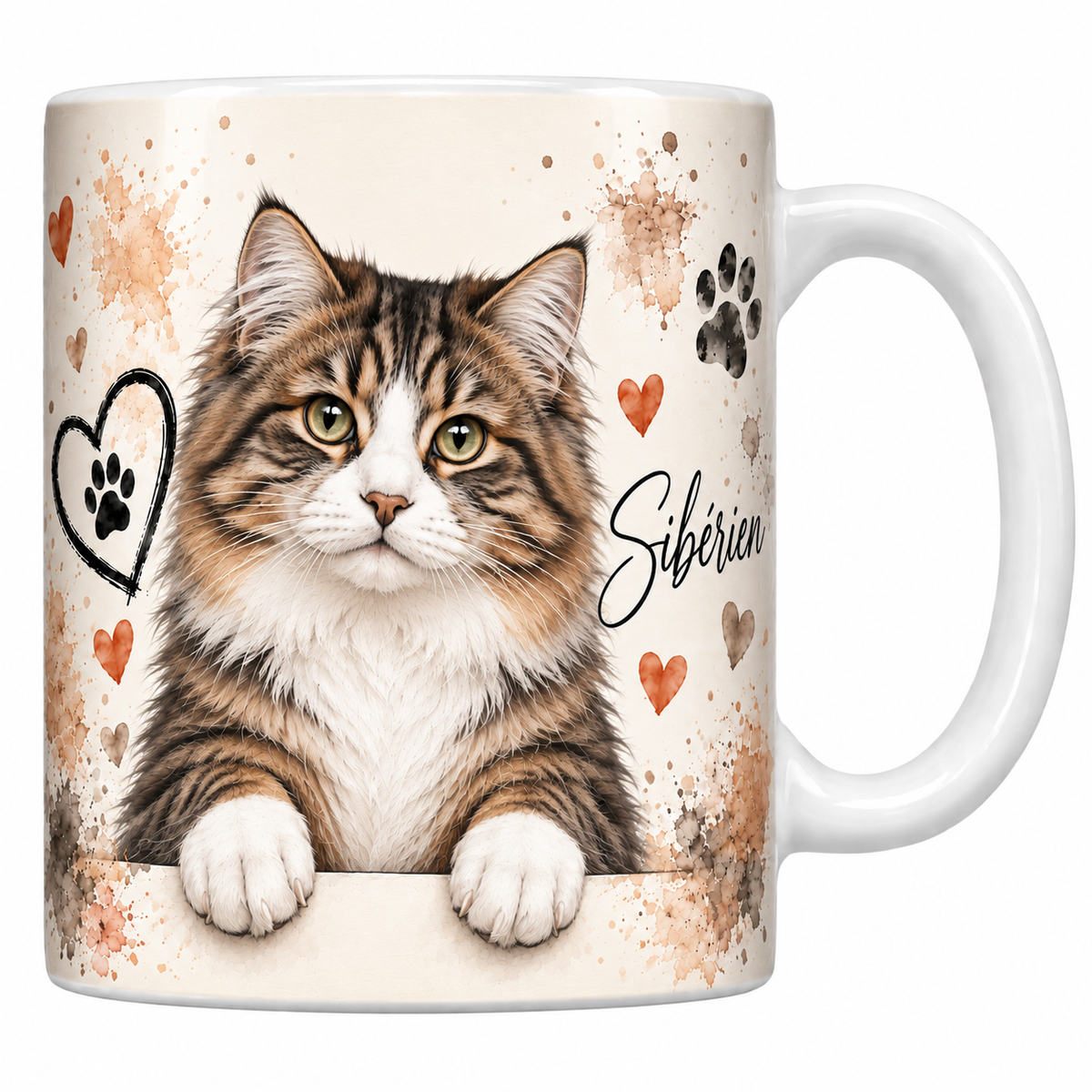 Mug blanc céramique imprimé d'un sibérien au poil mi-long tigré brun et à la large collerette en buste sur fond crème éclaboussé d'aquarelle, coeur au trait, empreintes de pattes et nom en cursive noire