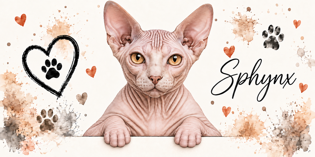 Illustration d'un sphynx à la peau rosée plissée, aux grandes oreilles droites et aux yeux ambrés en buste, accoudé à une bordure claire sur fond crème éclaboussé d'aquarelle beige et orangée, un coeur tracé au trait noir renfermant une empreinte, des empreintes de pattes, de petits coeurs orange et le nom en cursive noire à droite