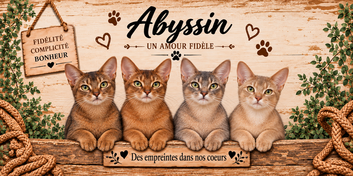 Illustration de quatre abyssins à la robe tiquetée roux sorrel, aux grandes oreilles dressées et aux yeux cerclés alignés derrière une planche de bois gravée Des empreintes dans nos coeurs, une pancarte suspendue à une corde portant Fidélité Complicité Bonheur, le nom en cursive noire surmontant la mention Un amour fidèle, des empreintes de pattes et des coeurs bruns, sur fond de planches claires, avec un cordage et du feuillage vert