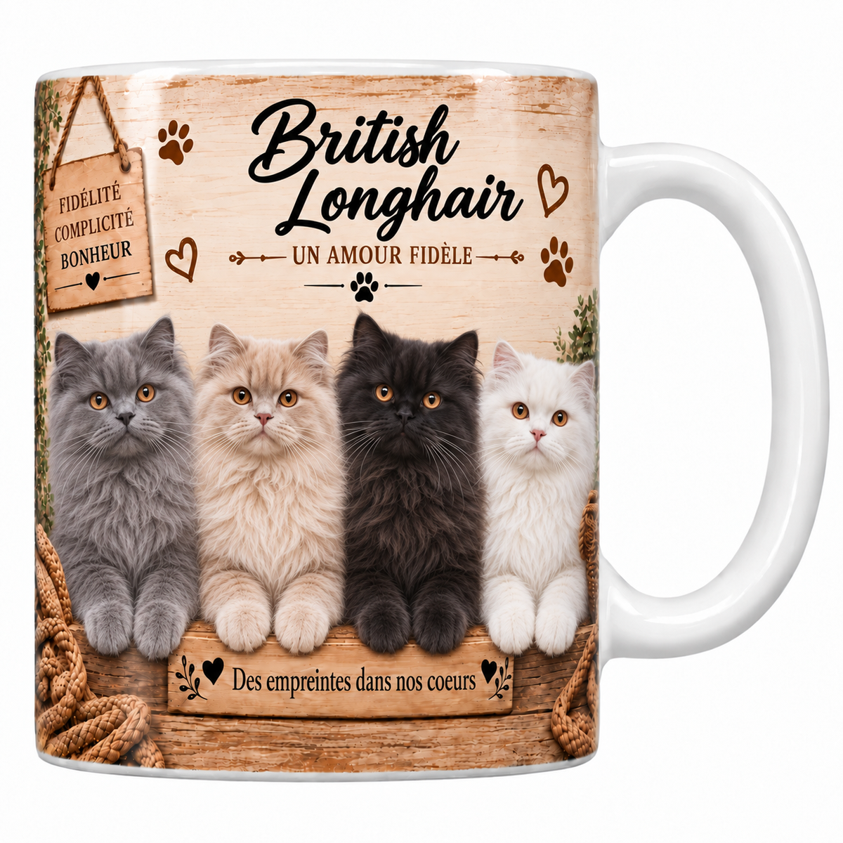 Mug blanc céramique imprimé de quatre british longhairs à la fourrure épaisse grise, crème, noire et blanche alignés derrière une planche de bois gravée Des empreintes dans nos coeurs, pancarte Fidélité Complicité Bonheur et nom en cursive