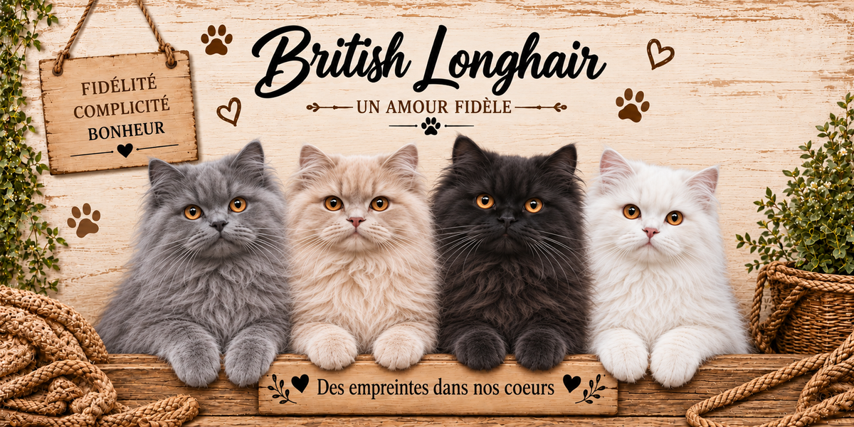 Illustration de quatre british longhairs à la fourrure épaisse grise, crème, noire et blanche, à la face ronde et aux grands yeux cuivrés alignés derrière une planche de bois gravée Des empreintes dans nos coeurs, une pancarte suspendue à une corde portant Fidélité Complicité Bonheur, le nom en cursive noire surmontant la mention Un amour fidèle, des empreintes de pattes et des coeurs bruns, sur fond de planches claires, avec un panier d'osier et un cordage