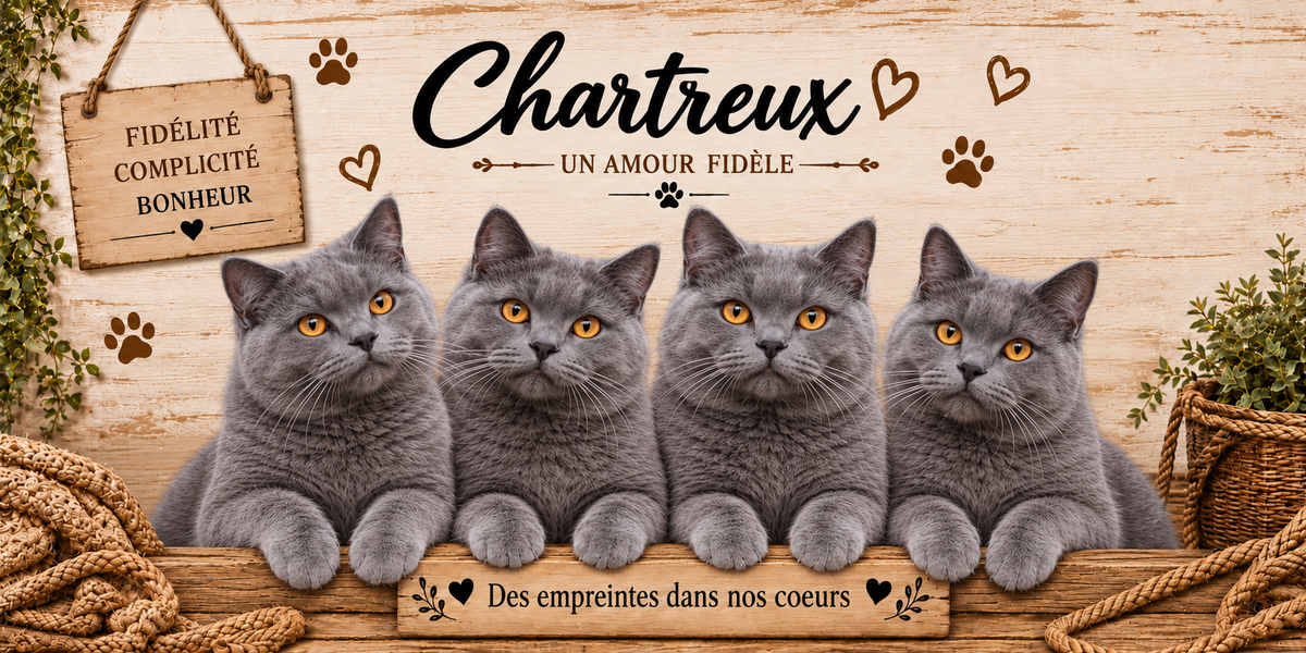 Illustration de quatre chartreux à la robe bleue uniforme, à la face large et aux yeux cuivrés alignés derrière une planche de bois gravée Des empreintes dans nos coeurs, une pancarte suspendue à une corde portant Fidélité Complicité Bonheur, le nom en cursive noire surmontant la mention Un amour fidèle, des empreintes de pattes et des coeurs bruns, sur fond de planches claires, avec un panier d'osier et du feuillage