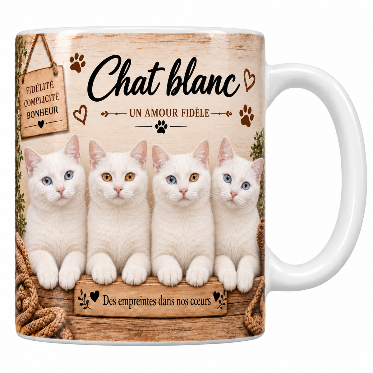 Mug blanc céramique imprimé de quatre chats blancs au poil court immaculé et aux yeux clairs alignés derrière une planche de bois gravée Des empreintes dans nos coeurs, pancarte Fidélité Complicité Bonheur et nom en cursive