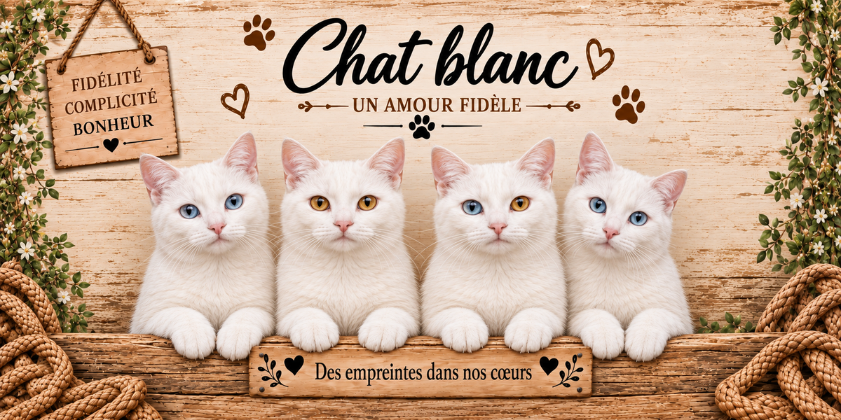 Illustration de quatre chats blancs au poil court immaculé, au nez rosé et aux yeux bleus, dorés et vairons alignés derrière une planche de bois gravée Des empreintes dans nos coeurs, une pancarte suspendue à une corde portant Fidélité Complicité Bonheur, le nom en cursive noire surmontant la mention Un amour fidèle, des empreintes de pattes et des coeurs bruns, sur fond de planches claires, avec un cordage et de petites fleurs blanches