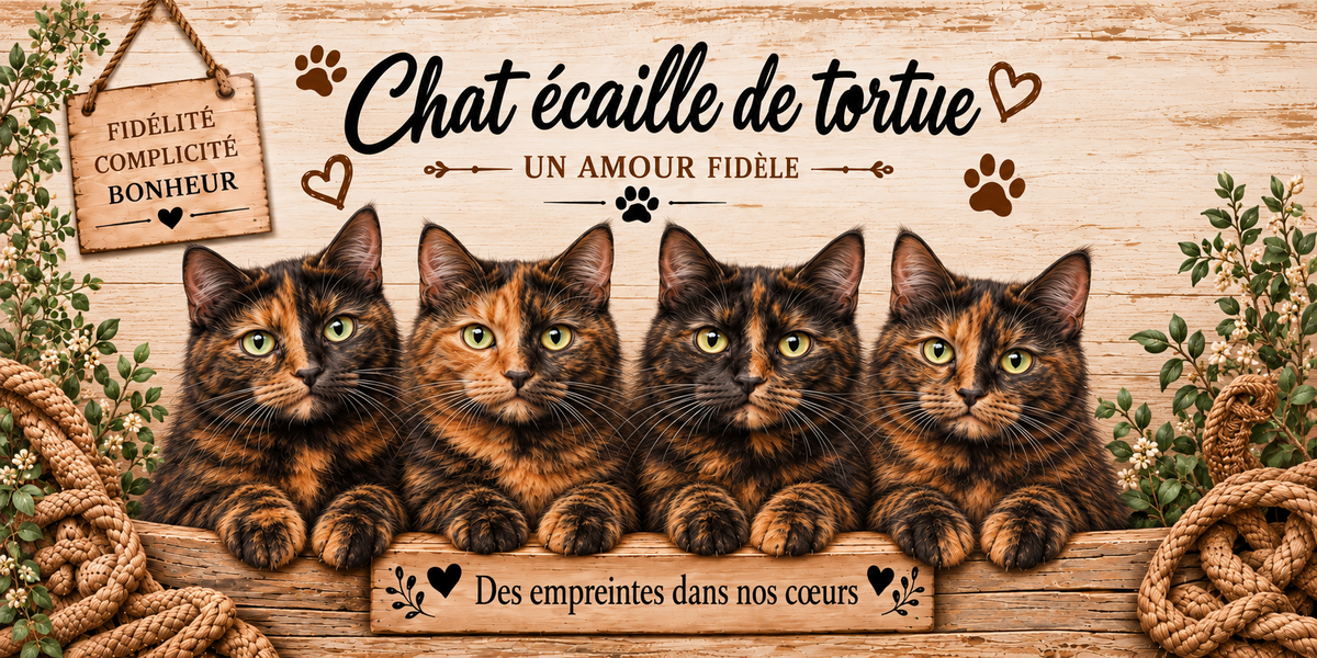 Illustration de quatre chattes écaille de tortue aux plages noires et rousses entremêlées et aux yeux dorés alignées derrière une planche de bois gravée Des empreintes dans nos coeurs, une pancarte suspendue à une corde portant Fidélité Complicité Bonheur, le nom en cursive noire surmontant la mention Un amour fidèle, des empreintes de pattes et des coeurs bruns, sur fond de planches claires, avec un cordage et du feuillage