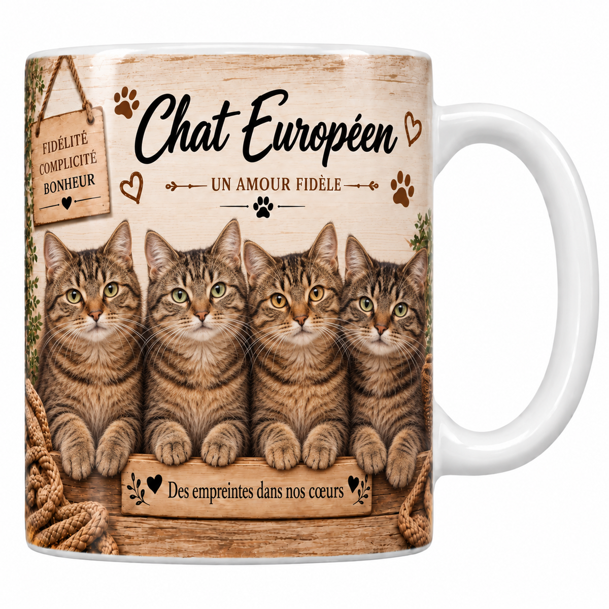 Mug blanc céramique imprimé de quatre chats européens à la robe tigrée brune et au poitrail clair alignés derrière une planche de bois gravée Des empreintes dans nos coeurs, pancarte Fidélité Complicité Bonheur et nom en cursive