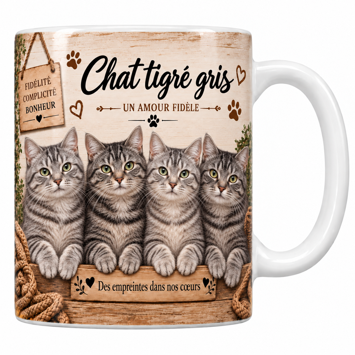 Mug blanc céramique imprimé de quatre chats tigrés gris aux rayures sombres bien dessinées alignés derrière une planche de bois gravée Des empreintes dans nos coeurs, pancarte Fidélité Complicité Bonheur et nom en cursive