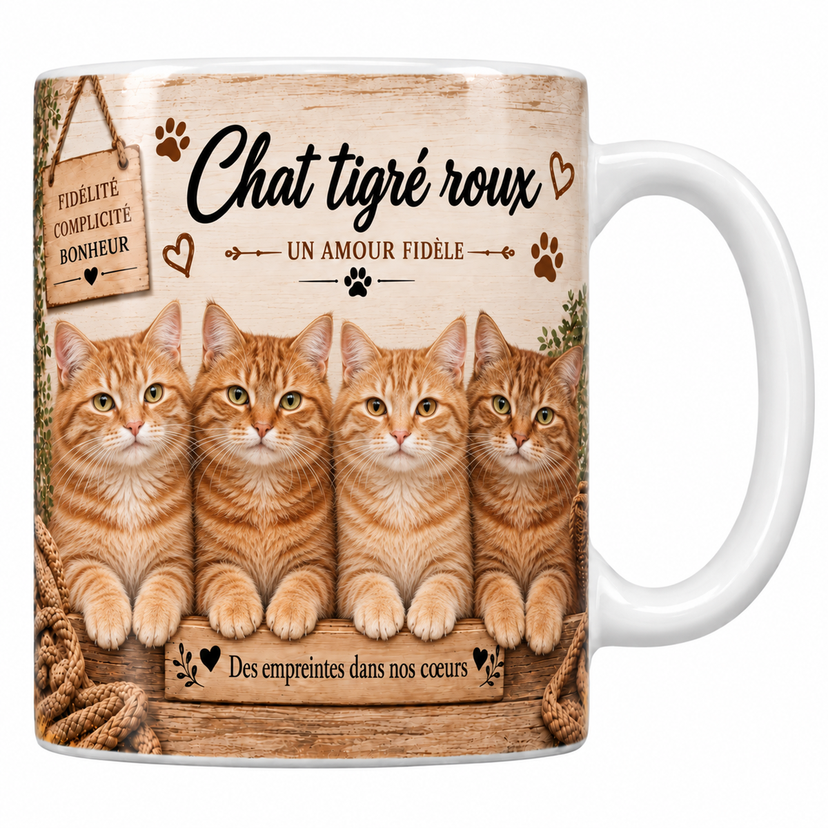 Mug blanc céramique imprimé de quatre chats tigrés roux aux rayures orangées et au museau clair alignés derrière une planche de bois gravée Des empreintes dans nos coeurs, pancarte Fidélité Complicité Bonheur et nom en cursive