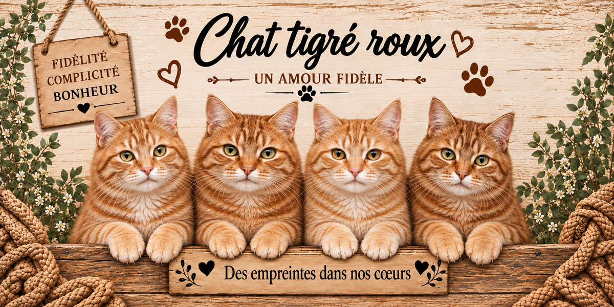 Illustration de quatre chats tigrés roux aux rayures orangées, au museau clair et aux yeux dorés alignés derrière une planche de bois gravée Des empreintes dans nos coeurs, une pancarte suspendue à une corde portant Fidélité Complicité Bonheur, le nom en cursive noire surmontant la mention Un amour fidèle, des empreintes de pattes et des coeurs bruns, sur fond de planches claires, avec un cordage et du feuillage