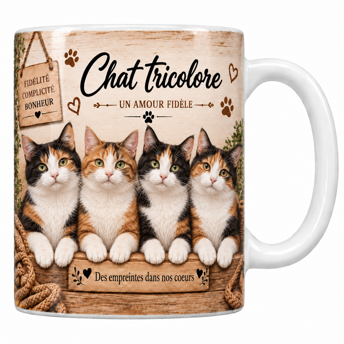 Mug blanc céramique imprimé de quatre chattes tricolores aux taches noires et rousses sur fond blanc alignées derrière une planche de bois gravée Des empreintes dans nos coeurs, pancarte Fidélité Complicité Bonheur et nom en cursive