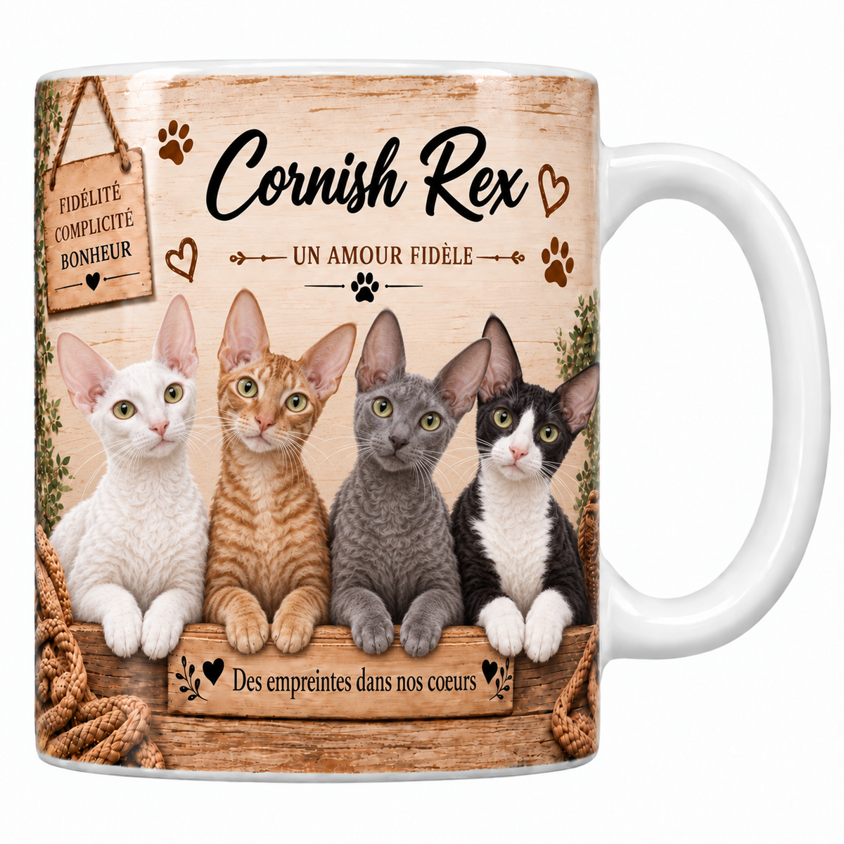 Mug blanc céramique imprimé de quatre cornish rex au poil court ondulé blanc, roux, gris et bicolore alignés derrière une planche de bois gravée Des empreintes dans nos coeurs, pancarte Fidélité Complicité Bonheur et nom de la race en cursive