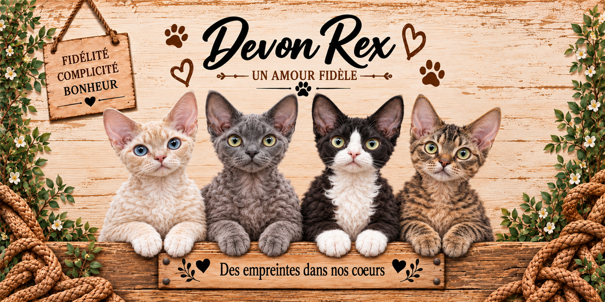 Illustration de quatre devon rex au poil court bouclé crème, gris, bicolore et tigré, aux oreilles très basses et larges alignés derrière une planche de bois gravée Des empreintes dans nos coeurs, une pancarte suspendue à une corde portant Fidélité Complicité Bonheur, le nom de la race en cursive noire surmontant la mention Un amour fidèle, des empreintes de pattes et des coeurs bruns, sur fond de planches claires, avec du feuillage et un panier d'osier