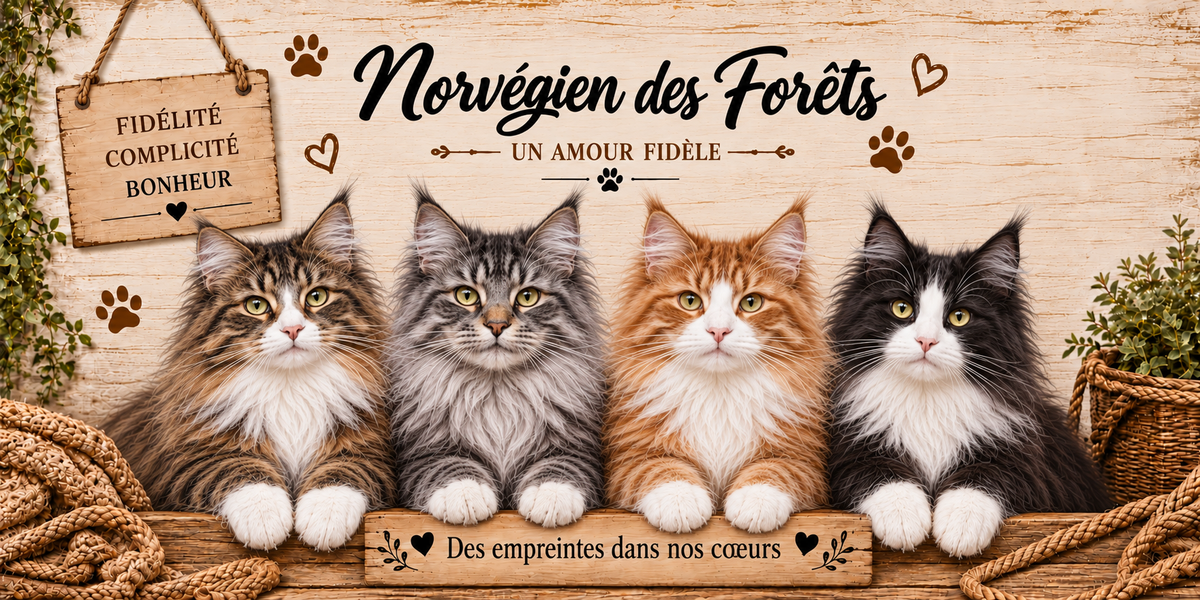Illustration de quatre norvégiens des forêts au poil mi-long tigré, gris, roux et bicolore, à la collerette fournie et aux oreilles touffues alignés derrière une planche de bois gravée Des empreintes dans nos coeurs, une pancarte suspendue à une corde portant Fidélité Complicité Bonheur, le nom de la race en cursive noire surmontant la mention Un amour fidèle, des empreintes de pattes et des coeurs bruns, sur fond de planches claires, avec un cordage et un plaid tressé
