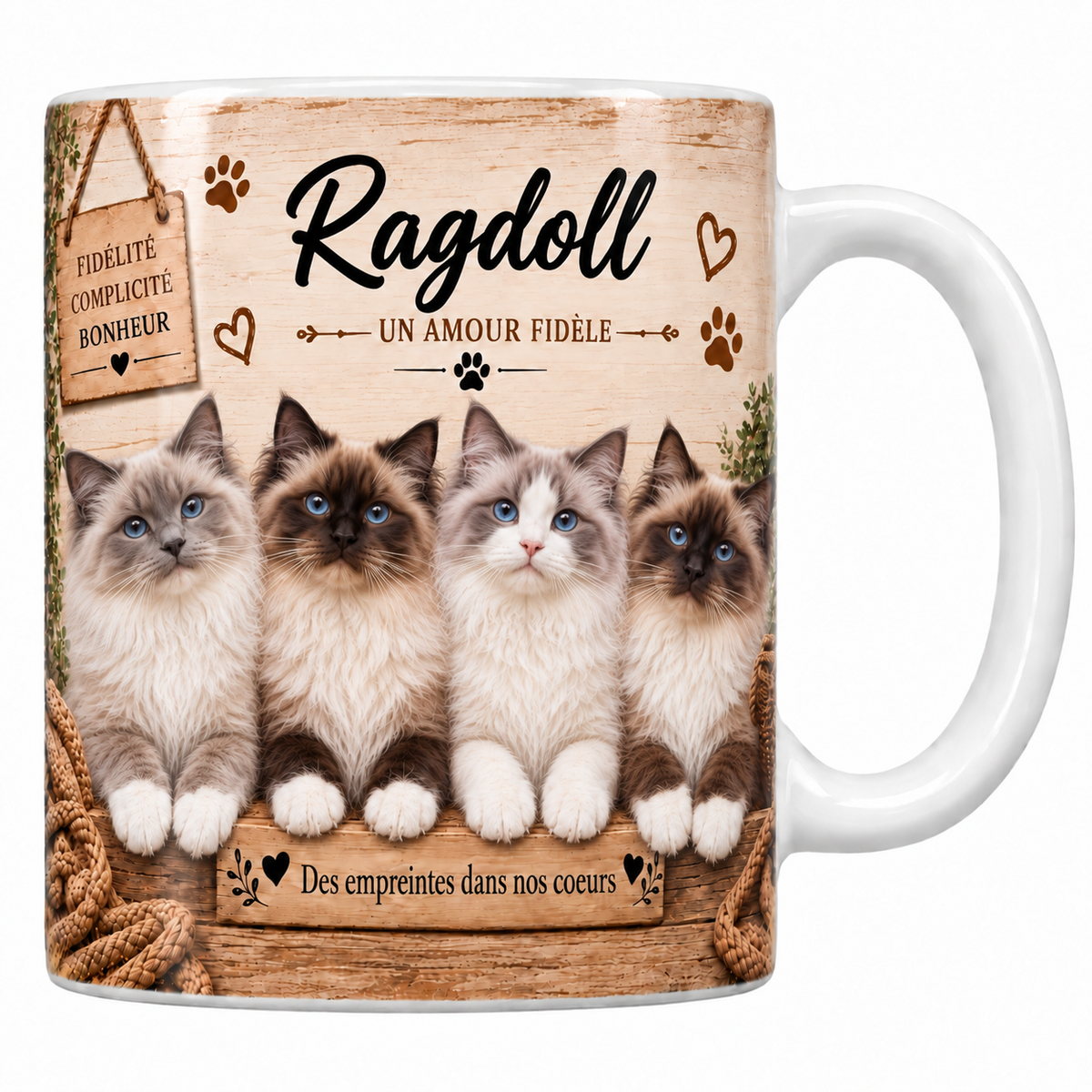 Mug blanc céramique imprimé de quatre ragdolls colourpoint au poil mi-long et aux yeux bleus alignés derrière une planche de bois gravée Des empreintes dans nos coeurs, pancarte Fidélité Complicité Bonheur et nom de la race en cursive