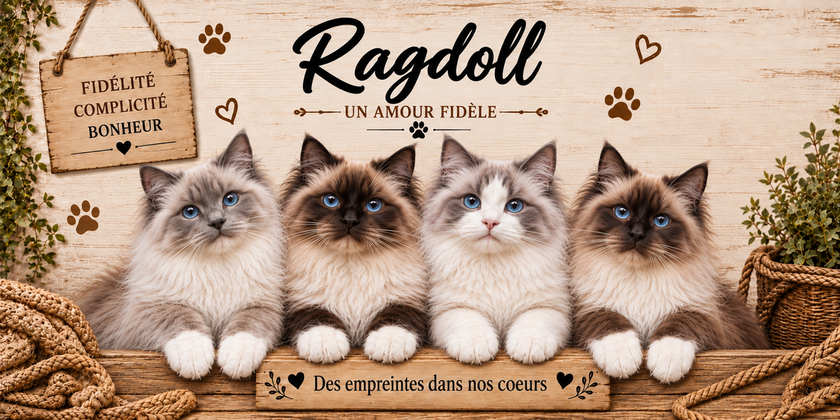 Illustration de quatre ragdolls colourpoint au poil mi-long, au masque brun et aux yeux bleus alignés derrière une planche de bois gravée Des empreintes dans nos coeurs, une pancarte suspendue à une corde portant Fidélité Complicité Bonheur, le nom de la race en cursive noire surmontant la mention Un amour fidèle, des empreintes de pattes et des coeurs bruns, sur fond de planches claires, avec un cordage et un panier d'osier