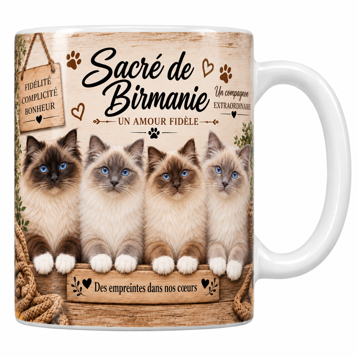Mug blanc céramique imprimé de quatre sacrés de Birmanie colourpoint aux yeux bleus et aux pattes gantées de blanc alignés derrière une planche de bois gravée Des empreintes dans nos coeurs, pancarte Fidélité Complicité Bonheur et nom de la race en cursive