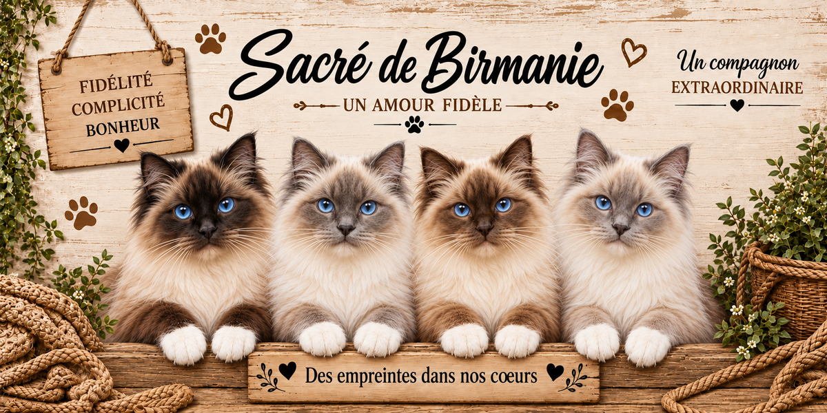 Illustration de quatre sacrés de Birmanie au poil mi-long crème, au masque brun, aux yeux bleus et aux pattes gantées de blanc alignés derrière une planche de bois gravée Des empreintes dans nos coeurs, une pancarte suspendue à une corde portant Fidélité Complicité Bonheur, le nom de la race en cursive noire surmontant la mention Un amour fidèle, des empreintes de pattes et des coeurs bruns, sur fond de planches claires, avec un panier d'osier et du feuillage