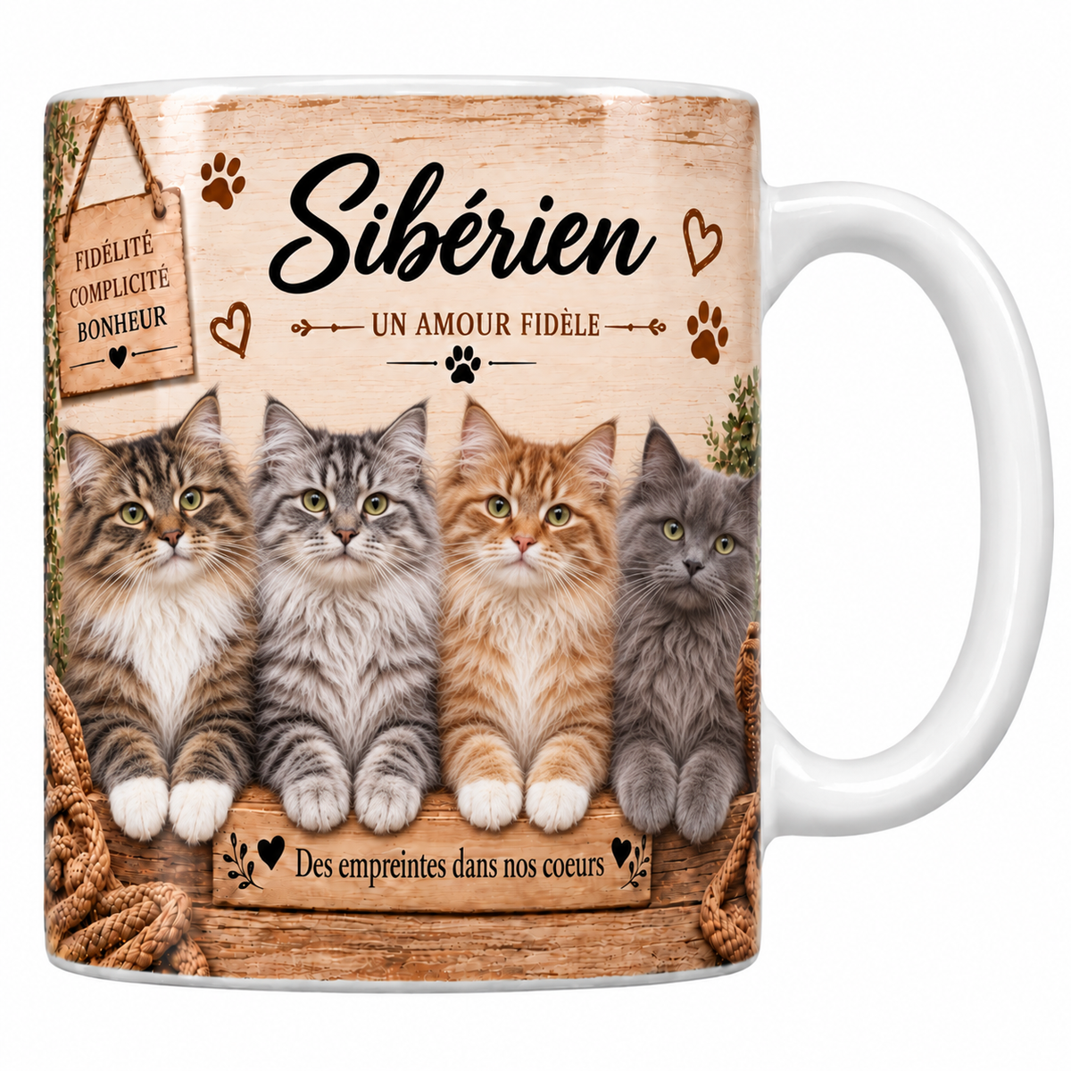 Mug blanc céramique imprimé de quatre sibériens au poil mi-long tigré brun, gris, roux et sombre alignés derrière une planche de bois gravée Des empreintes dans nos coeurs, pancarte Fidélité Complicité Bonheur et nom de la race en cursive