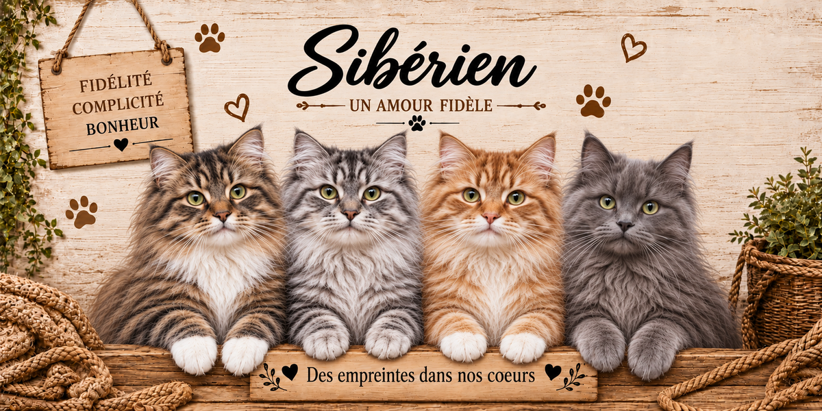 Illustration de quatre sibériens au poil mi-long tigré brun, gris, roux et sombre, à la large collerette et aux yeux verts alignés derrière une planche de bois gravée Des empreintes dans nos coeurs, une pancarte suspendue à une corde portant Fidélité Complicité Bonheur, le nom de la race en cursive noire surmontant la mention Un amour fidèle, des empreintes de pattes et des coeurs bruns, sur fond de planches claires, avec un panier d'osier et un cordage
