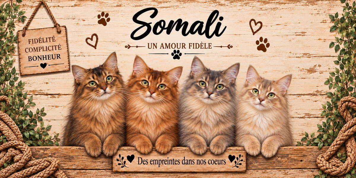 Illustration de quatre somalis à la robe tiquetée rousse, au poil mi-long, à la collerette fournie et aux yeux dorés alignés derrière une planche de bois gravée Des empreintes dans nos coeurs, une pancarte suspendue à une corde portant Fidélité Complicité Bonheur, le nom de la race en cursive noire surmontant la mention Un amour fidèle, des empreintes de pattes et des coeurs bruns, sur fond de planches claires, avec un cordage et du feuillage