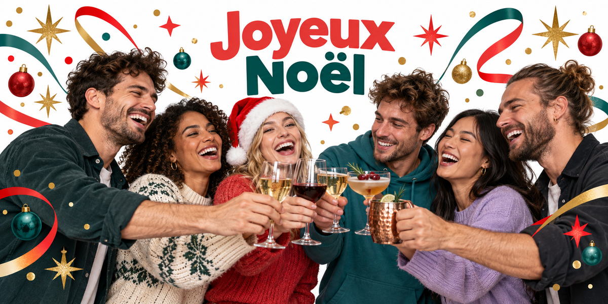 Visuel photoréaliste de six amis en pulls de Noël et chemises qui rient en trinquant avec vin, champagne, cocktail et tasse en cuivre, bonnet de Père Noël, rubans, étoiles dorées et boules de Noël, lettrage Joyeux Noël