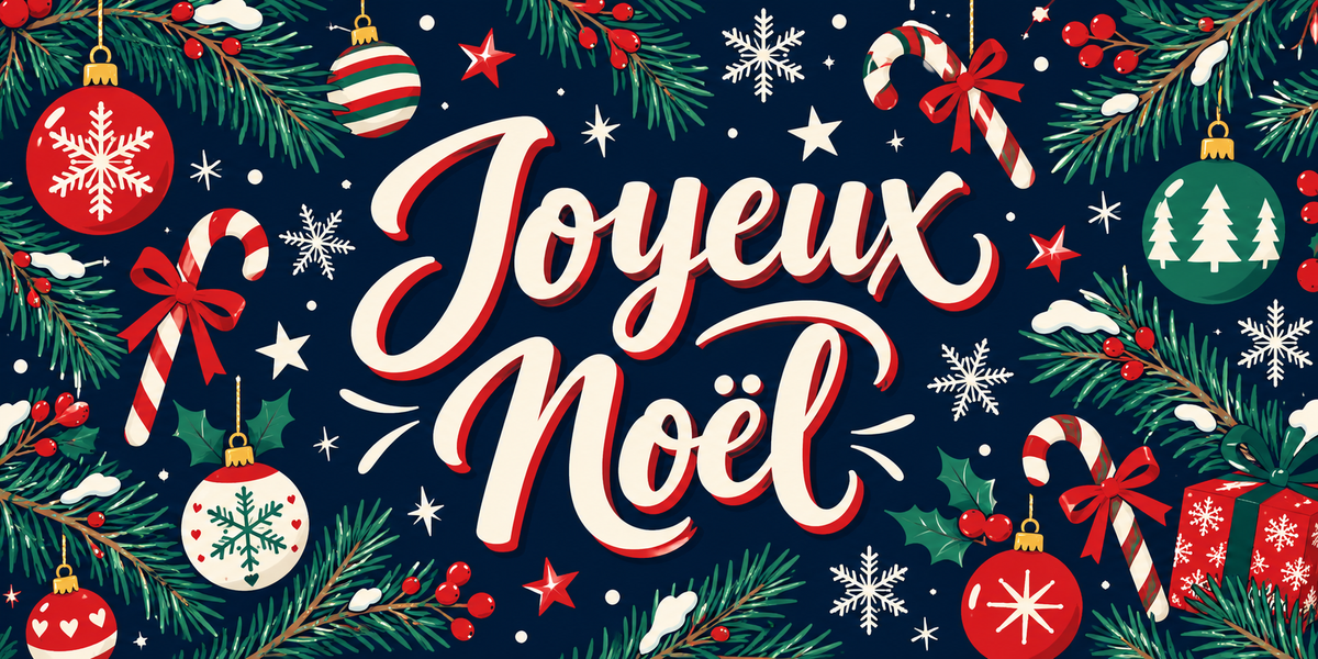 Visuel à plat sur fond bleu nuit d'un lettrage calligraphié Joyeux Noël crème ombré de rouge, entouré de branches de sapin enneigées, baies de houx, boules de Noël rouges, vertes et blanches, sucres d'orge, flocons et étoiles blanches
