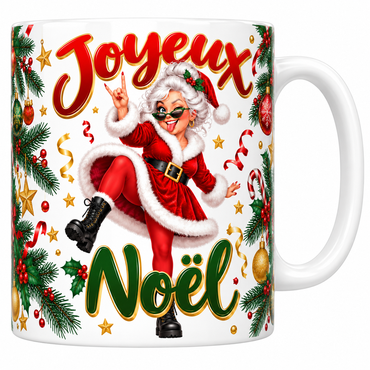 Mug blanc céramique imprimé d'une Mère Noël déjantée en lunettes noires et rangers qui fait le signe rock, lettrage Joyeux Noël rouge et vert