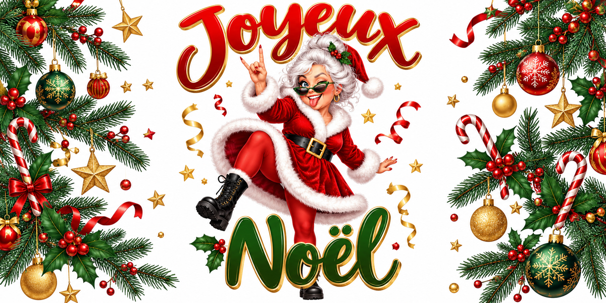 Illustration cartoon d'une Mère Noël aux cheveux blancs en chignon, lunettes vertes, robe rouge bordée de fourrure, collants rouges et rangers noires, qui danse en faisant les cornes du rock, entourée de branches de sapin, boules, sucres d'orge, étoiles et serpentins dorés, lettrage Joyeux Noël
