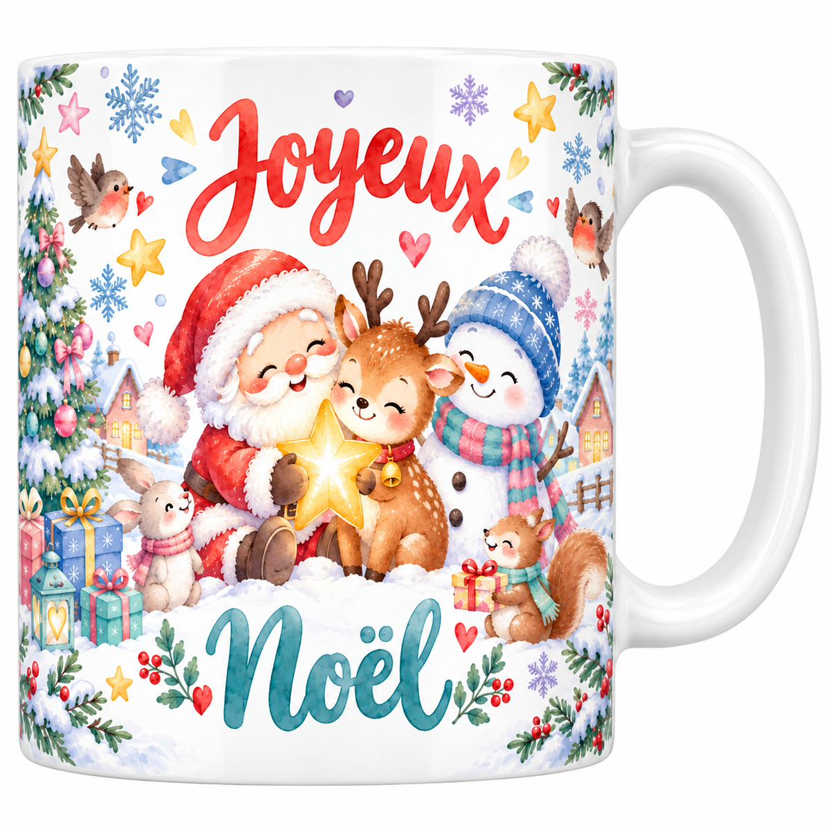 Mug blanc céramique imprimé d'un Père Noël, d'un petit renne et d'un bonhomme de neige aquarelle serrés autour d'une étoile lumineuse, lettrage Joyeux Noël