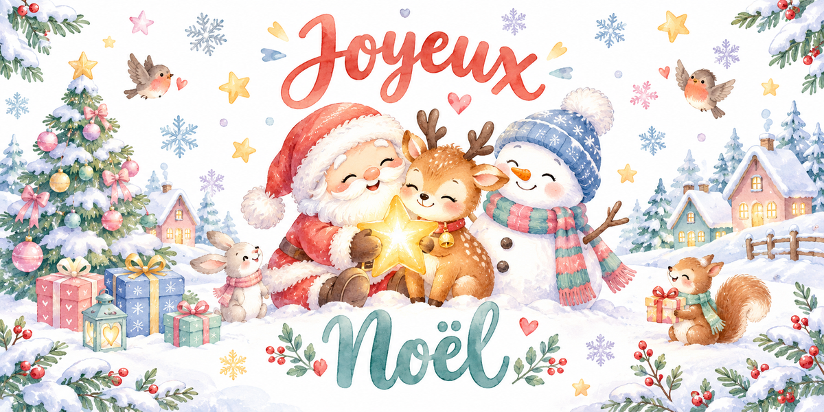 Illustration aquarelle pastel d'un Père Noël souriant, d'un faon renne et d'un bonhomme de neige en bonnet bleu qui tiennent une étoile dorée lumineuse, avec un lapin, un écureuil portant un cadeau, des rouges-gorges, un sapin décoré, des cadeaux, des maisons enneigées et des flocons, lettrage Joyeux Noël rose et bleu